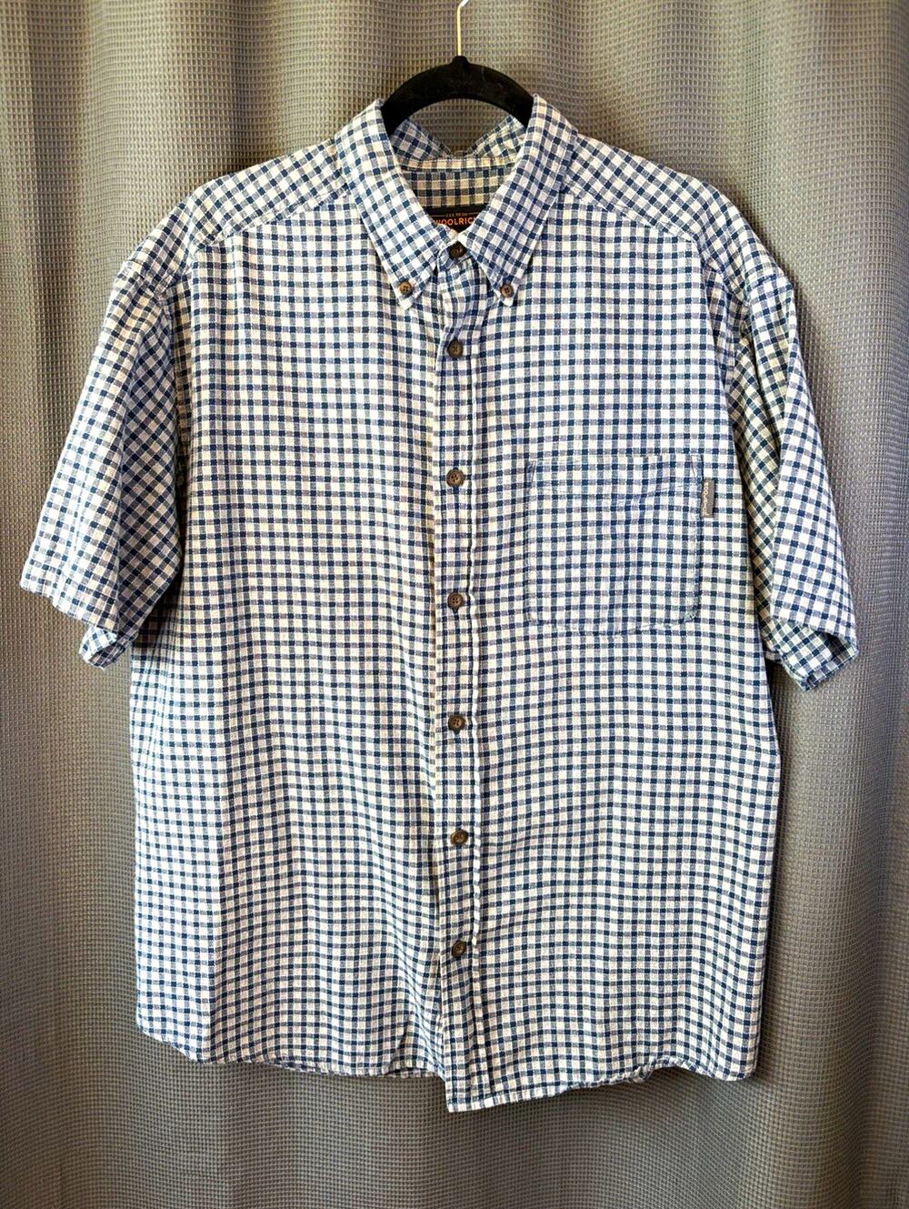 Woolrich Mens L Blue White Check Cotton Woven Short Sleeve Button Down Shirt